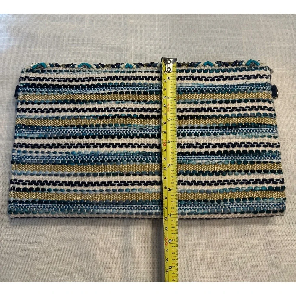 America & Beyond Evil Eye Beaded Clutch Bag Blue Gold Chevron Crossbody NWOT